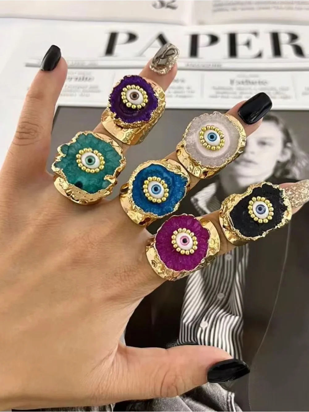 Purple Druzy Geode Evil Eye Ring with Gold Trim Adjustable